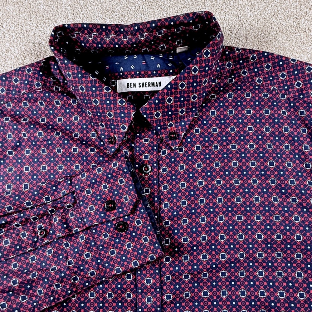 Ben Sherman Button Down Shirt Mens XL Burgundy Geometric Print Long Sleeve